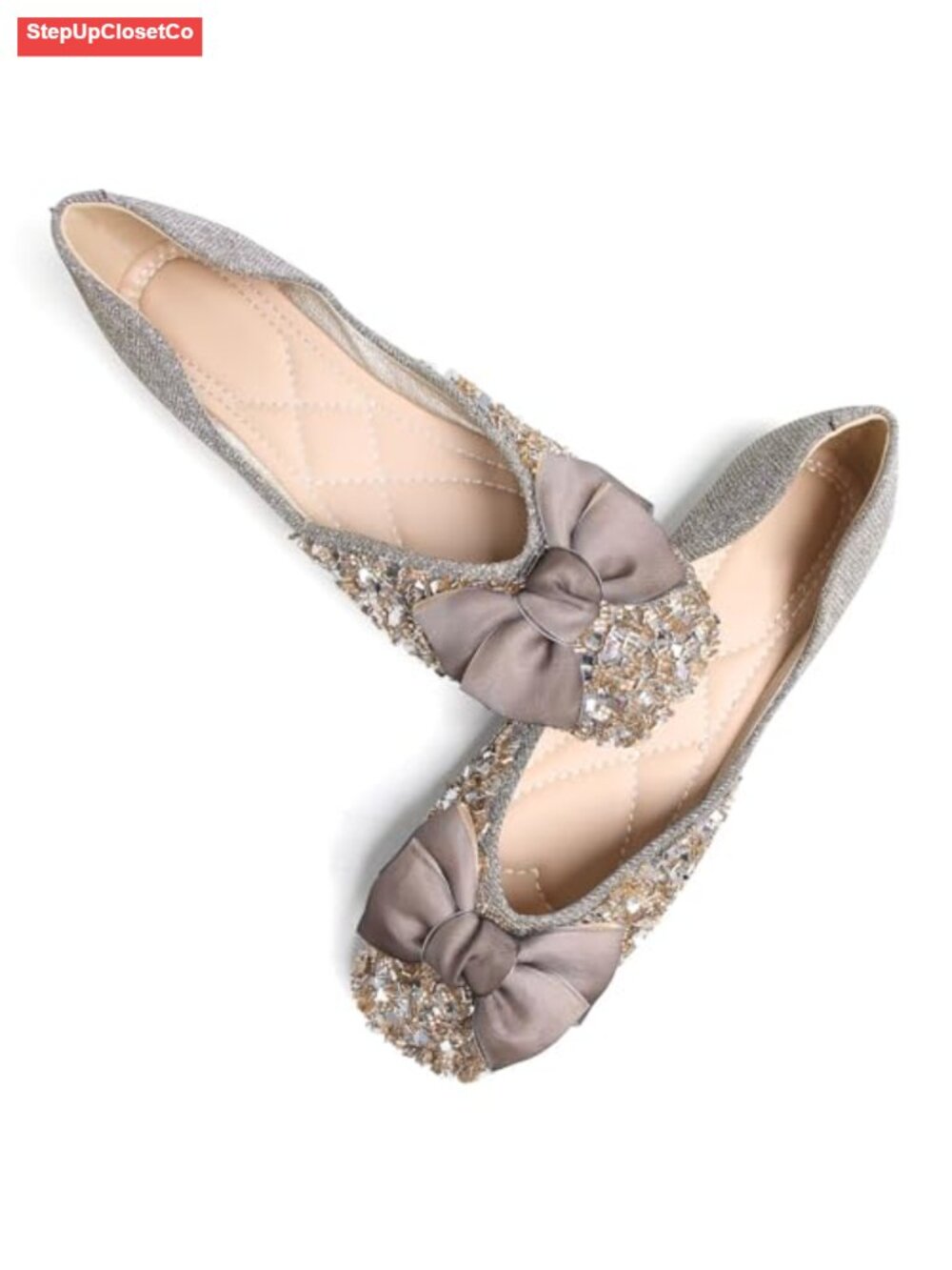 Women's Rhinestone Bowknot Square Toe Satin Ballet Flats Slip-on Loafers Shoes